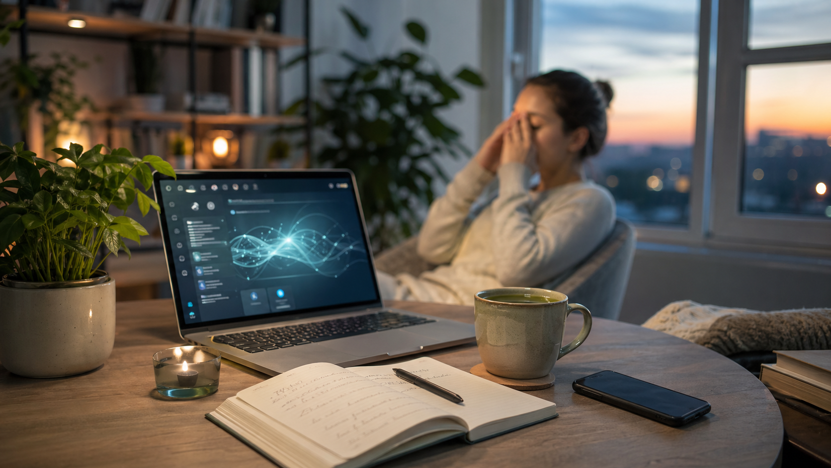 Calm desk scene representing AI fatigue, digital overload, and recovery from burnout
