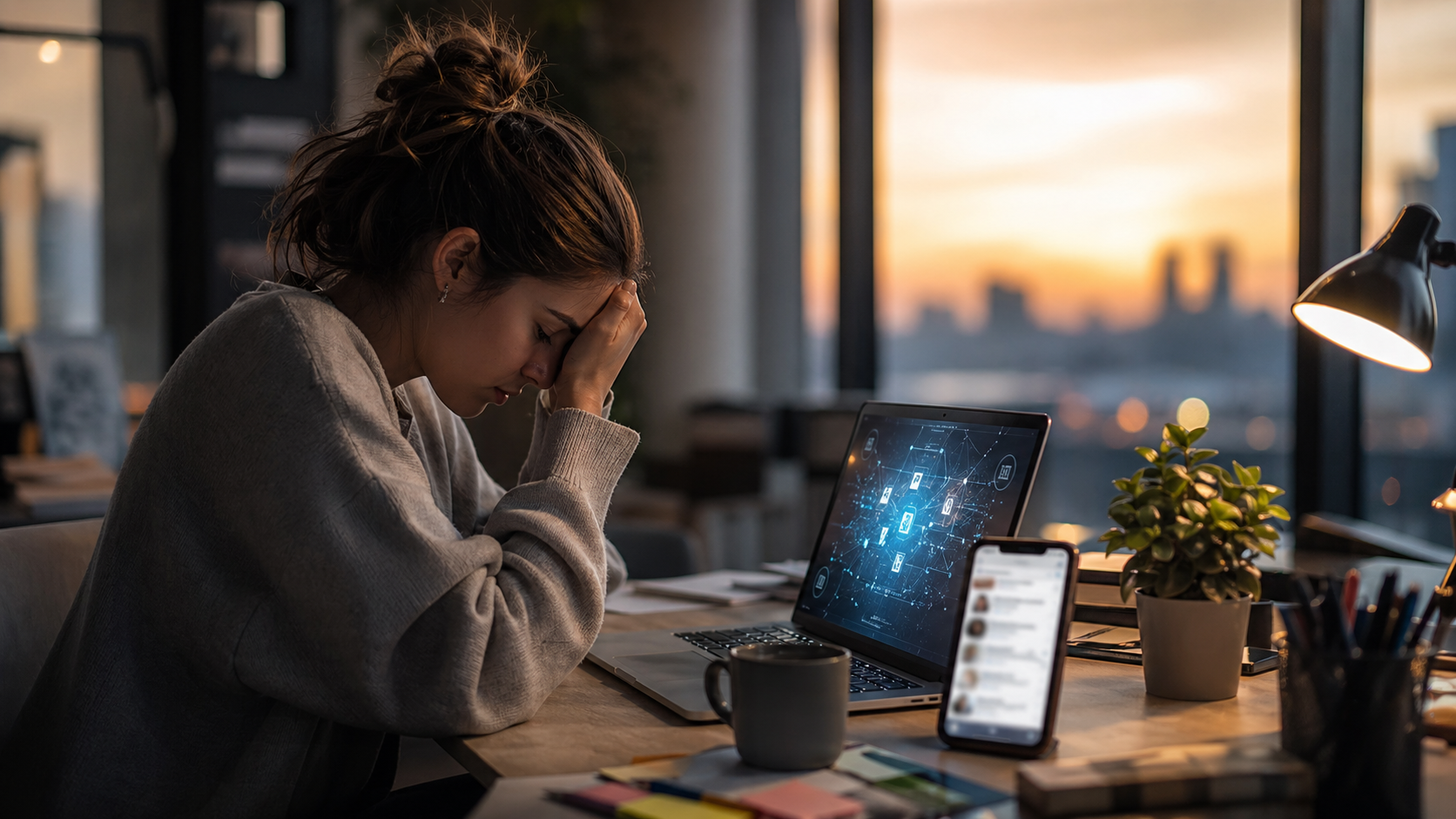 Person experiencing AI overload and social media fatigue in a modern workspace